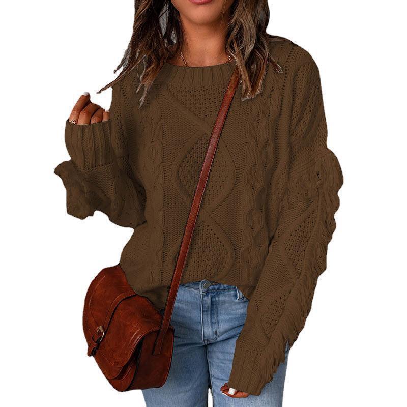 Women's Loose Diamond Quilted Fringe Pullover Sweater