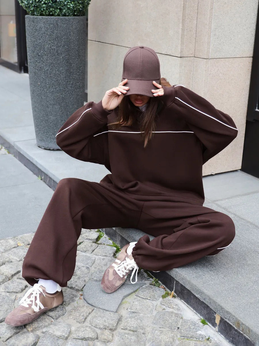 Women's Casual Solid Color Long Sleeve Half-Button Top and Elastic Waist Pants Two-Piece Set
