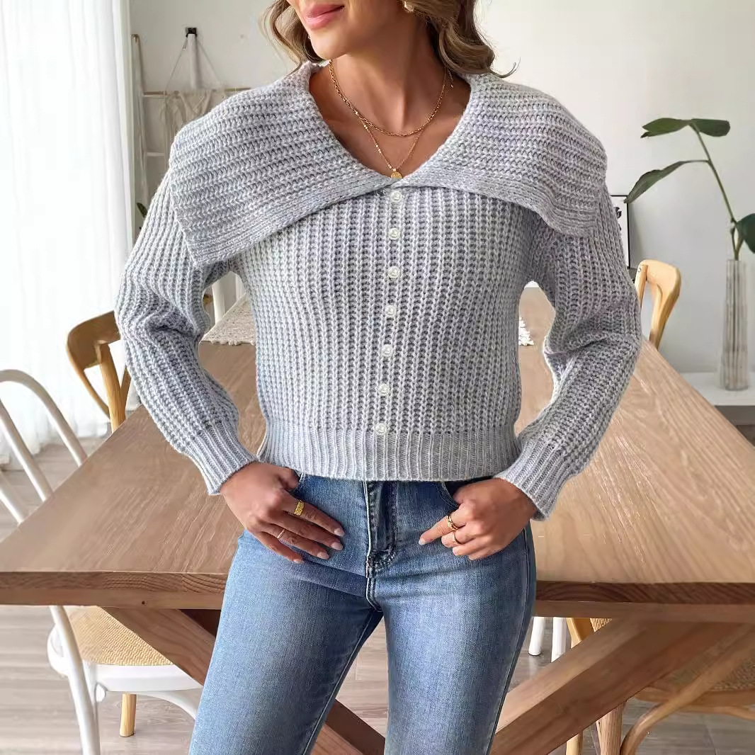 Women's Pearl Beaded Sweater with Large Lapel Collar