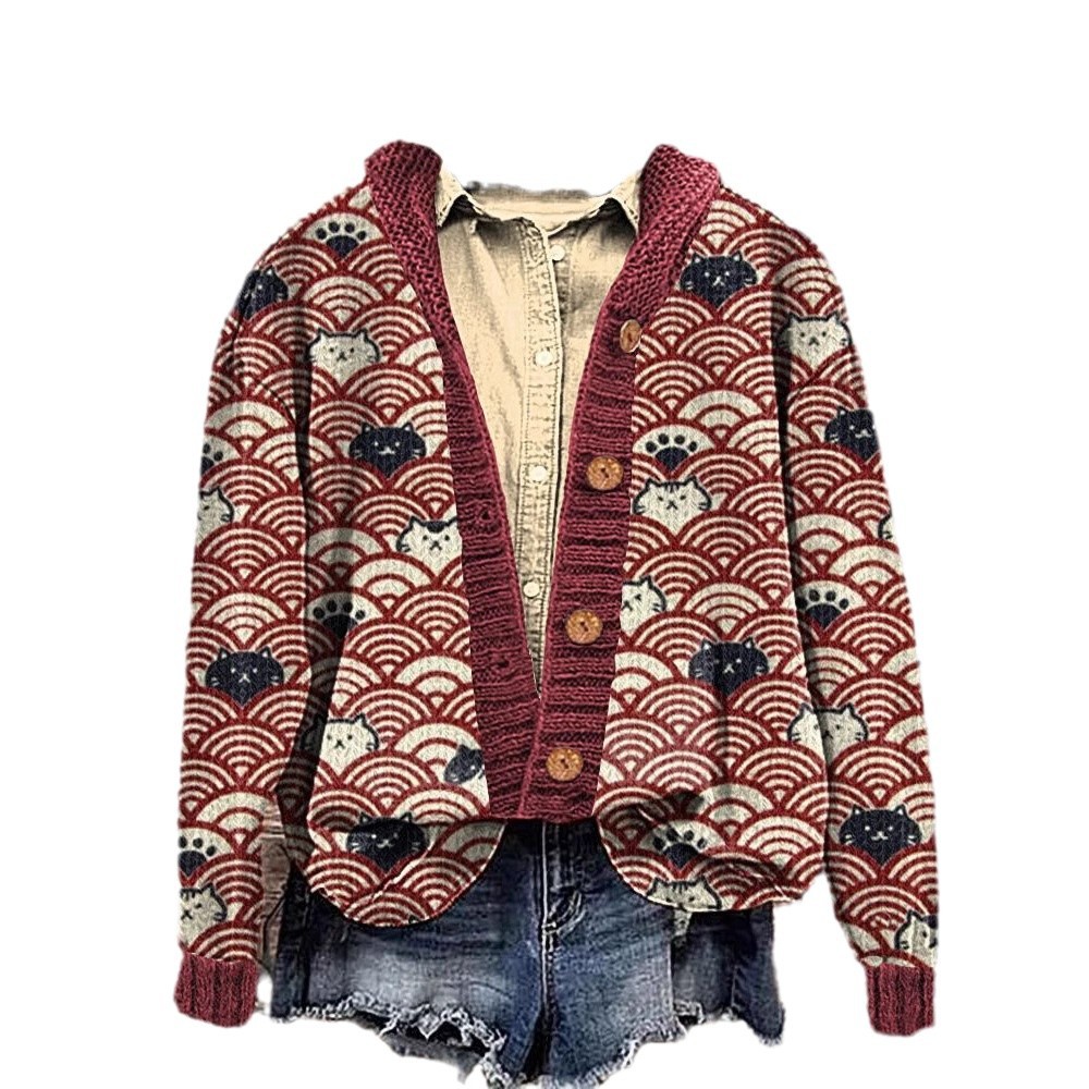 3D Digital Print Open-Front Knit Cardigan Sweater for Women