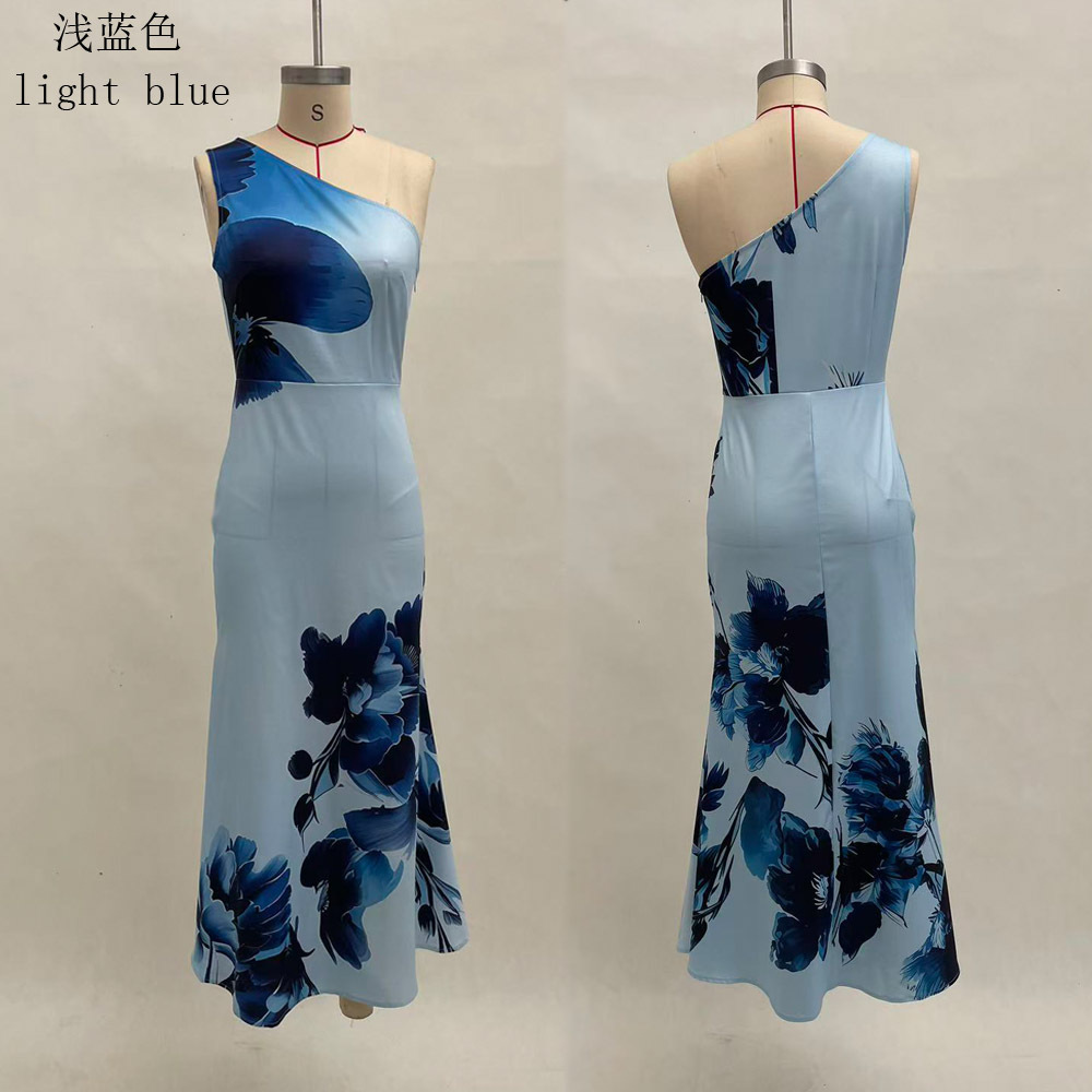 Blue Floral One-Shoulder Long Dress Elegant Evening Gown