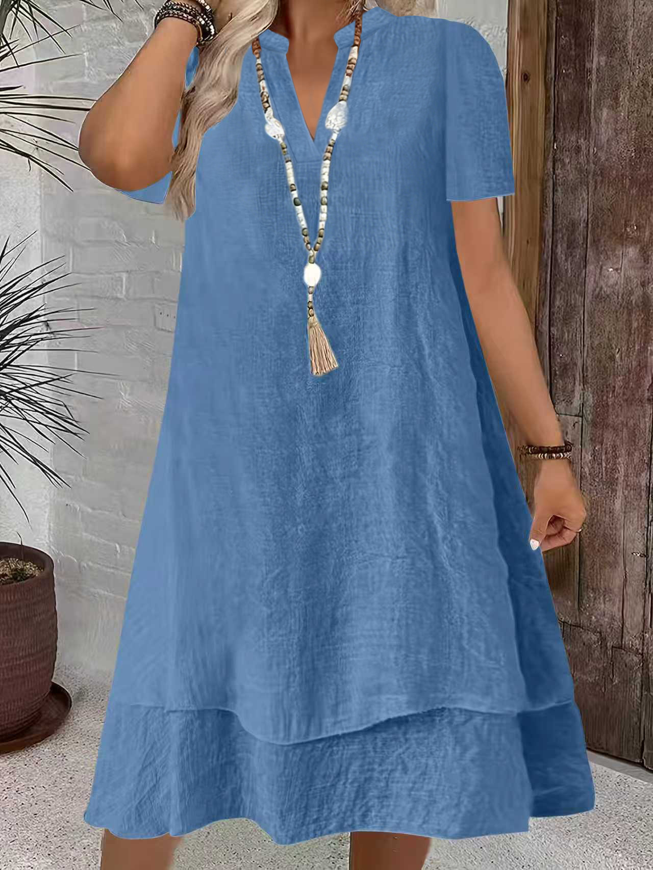 Women's Short Sleeve V-Neck Tiered Midi Dress Casual Loose Solid