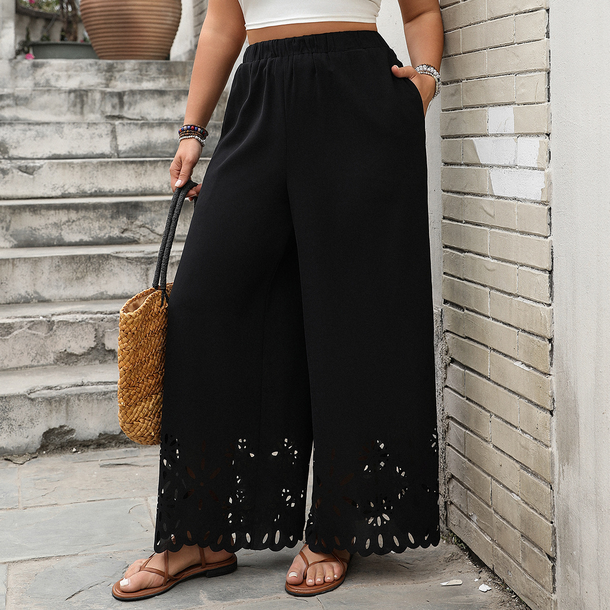 Women's Loose Wide-Leg Pants Plus Size Hollow Hem Black