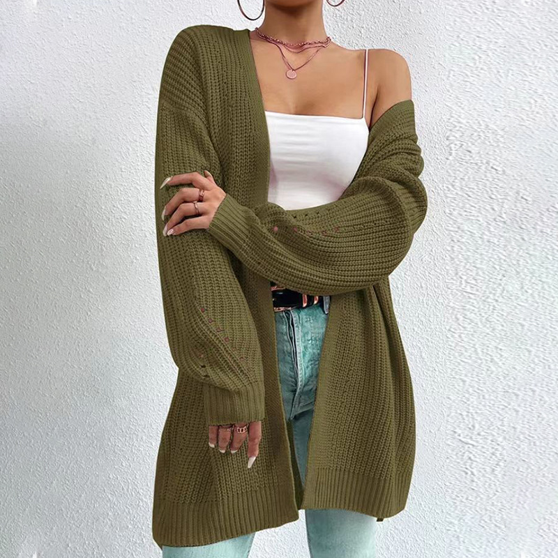 Women's Mid-Length Knit Cardigan Lightweight Open Front Long Sleeve Solid Color