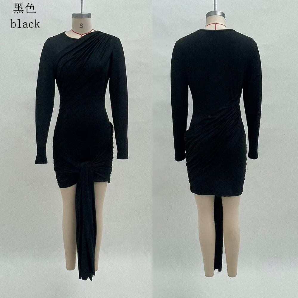 Solid Color Long Sleeve Bodycon Mini Dress with Tie Detail