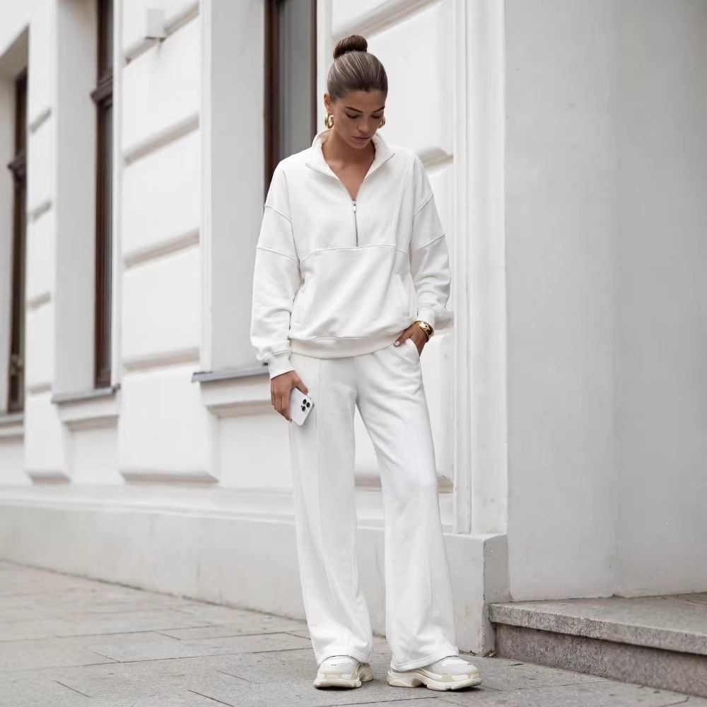 American Retro Half-Zip Stand Collar Sweatshirt & Wide-Leg Pants Set