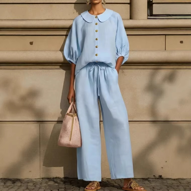Women's Cotton-Linen Lantern Sleeve Shirt & Drawstring Pants Set