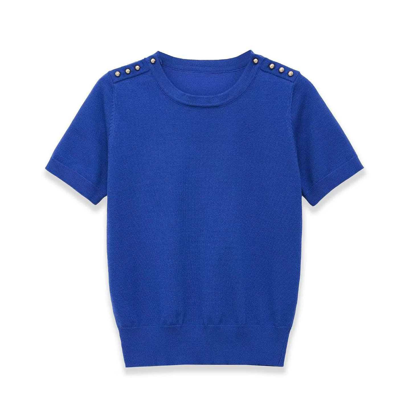 Women's Summer Short Sleeve Crewneck Knit Top with Shoulder Detail