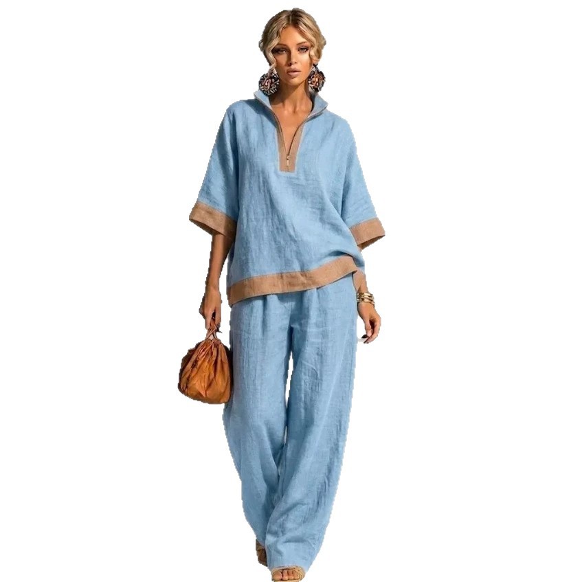 Women's Color-Block Half-Zip Cotton-Linen Shirt & Pants Set