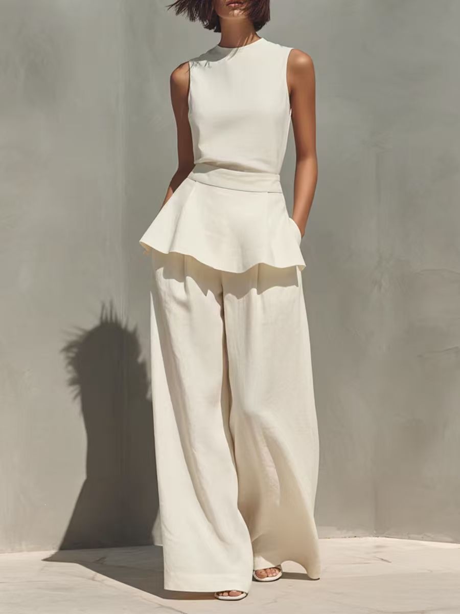 Women's Sleeveless Vest & Wide-Leg Pants Cotton-Linen Two-Piece Set
