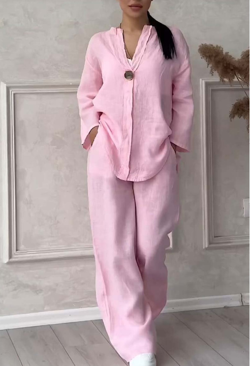 Women's Solid Color Cotton-Linen Casual Pant Set Long Sleeve