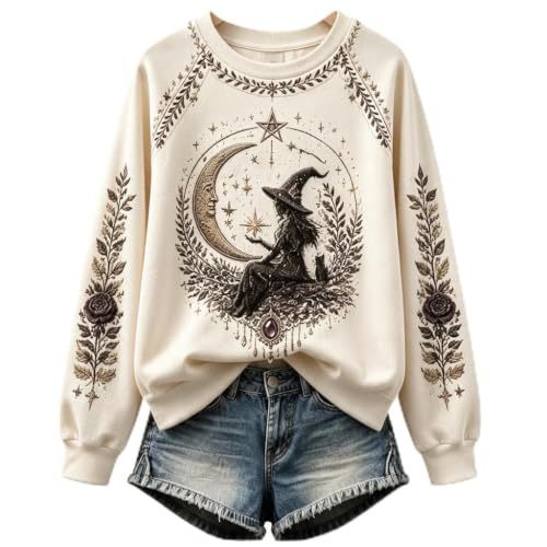 Halloween Witch Hat Print Crewneck Long-Sleeve Pullover Sweatshirt