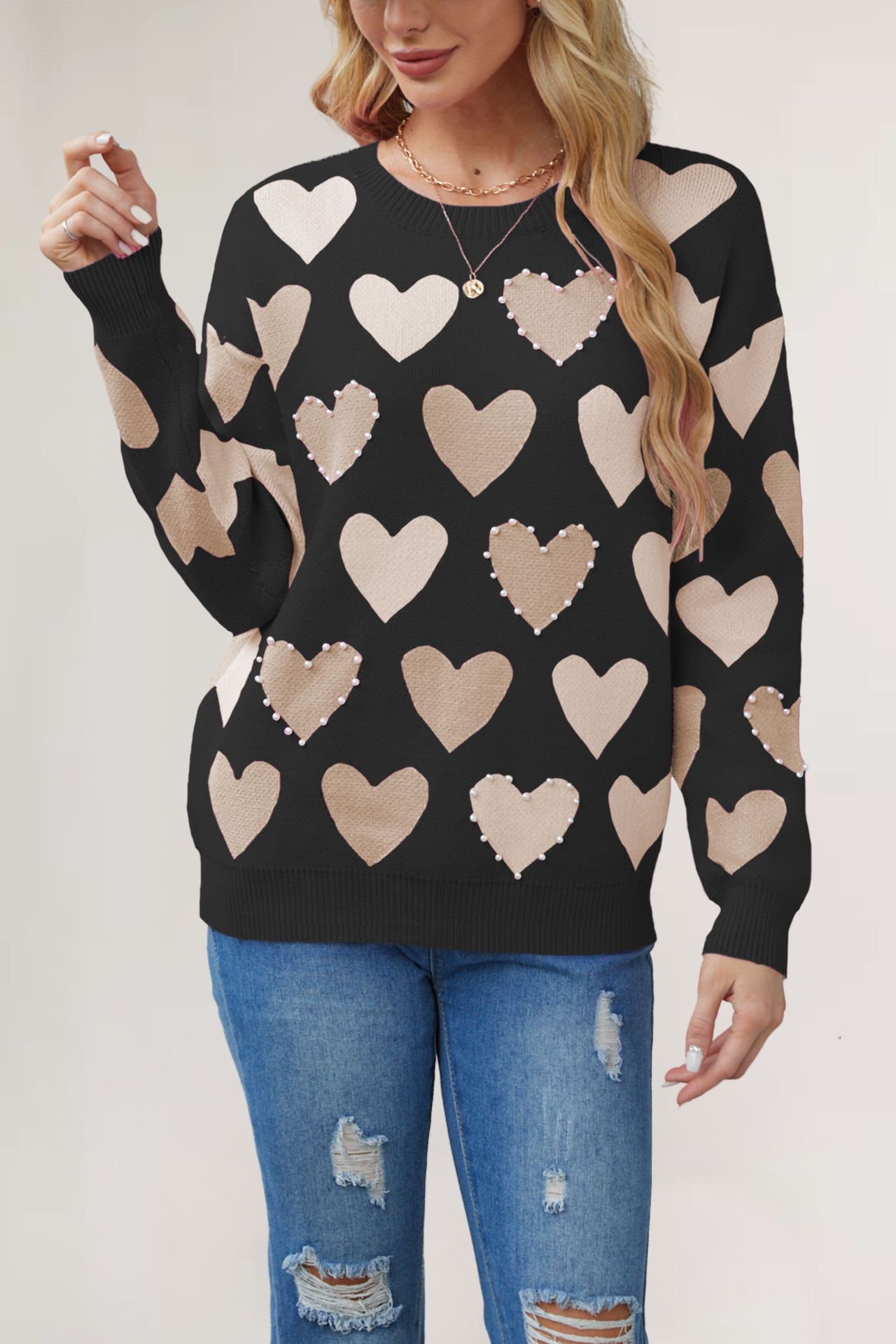 Heart Beaded Crewneck Knit Sweater