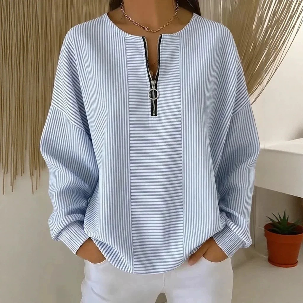 Striped Print Half-Zip Hoodie for Women Casual Long Sleeve