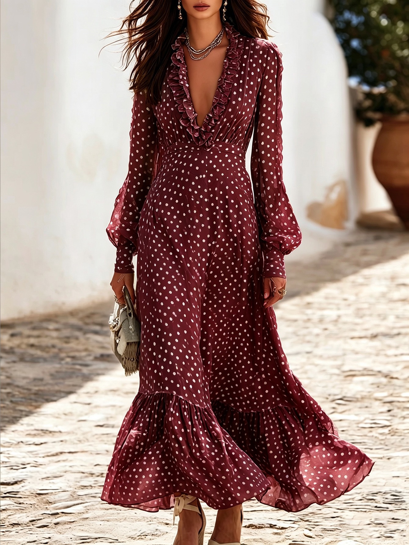 Polka Dot Deep V Ruffle Long Sleeve Long Dress