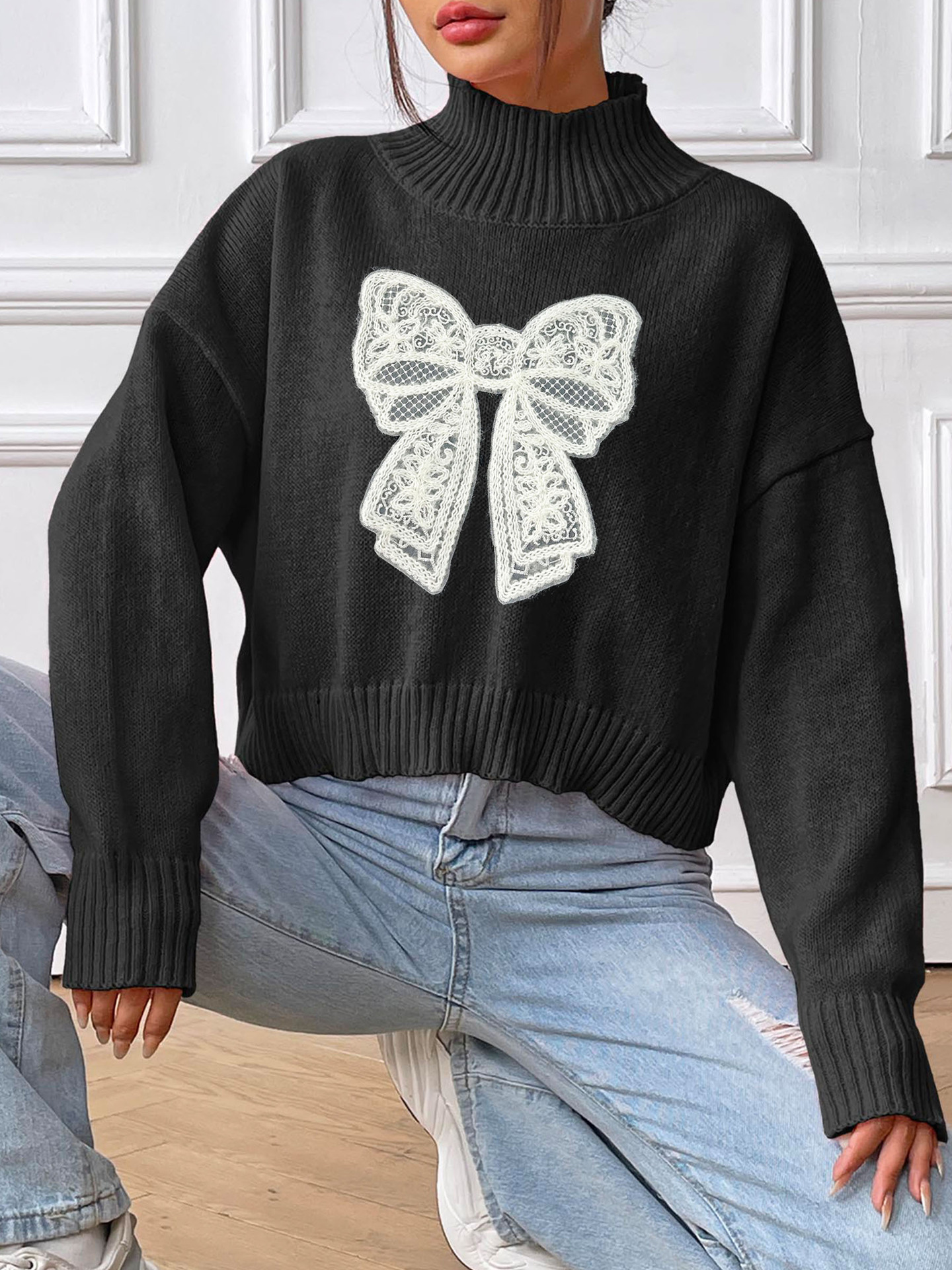 Bow Embroidered High Neck Pullover Sweater Applique Patchwork Short Top