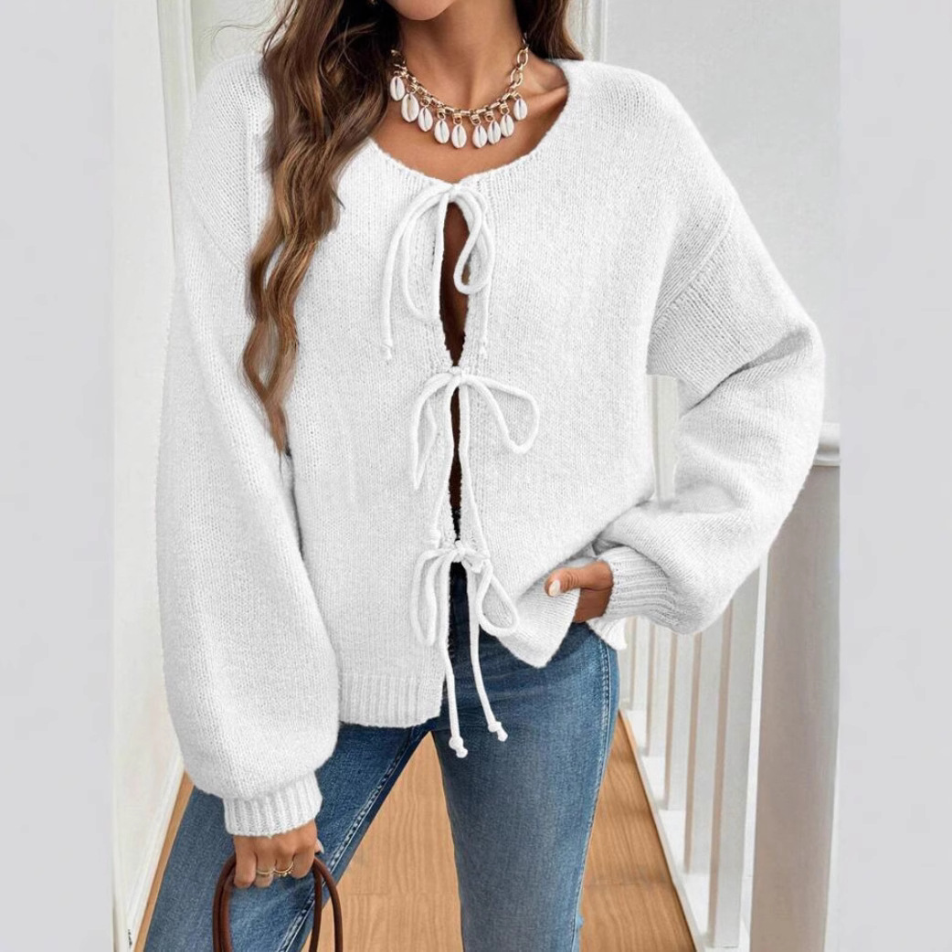 Women's Casual Loose Tie-Front Solid Knit Cardigan Sweater