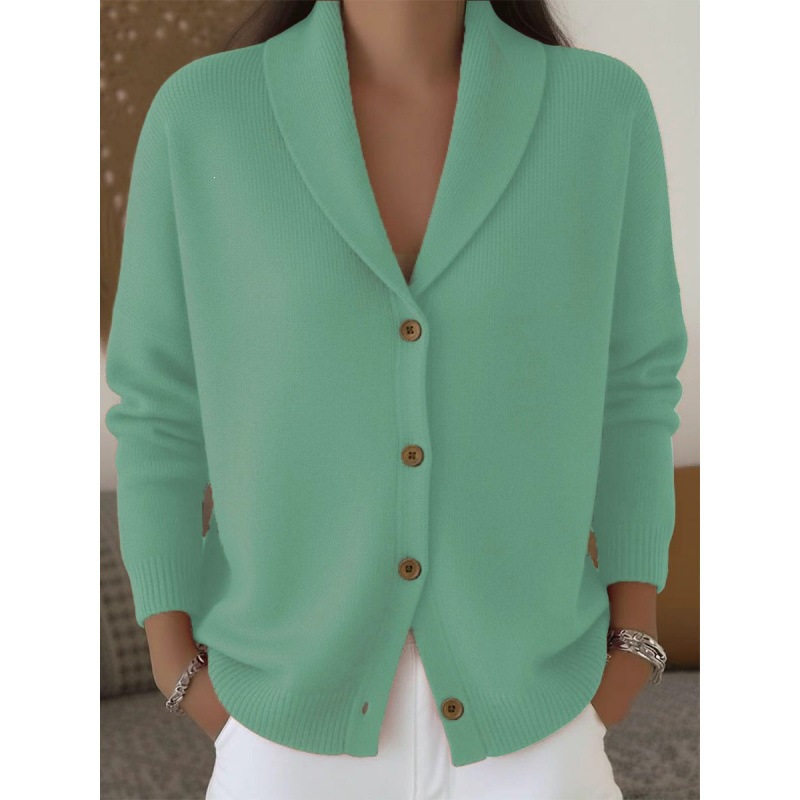 Women's Soft Knit Cardigan Loose Lazy Style Collared Button-Down Long Sleeve Solid Color