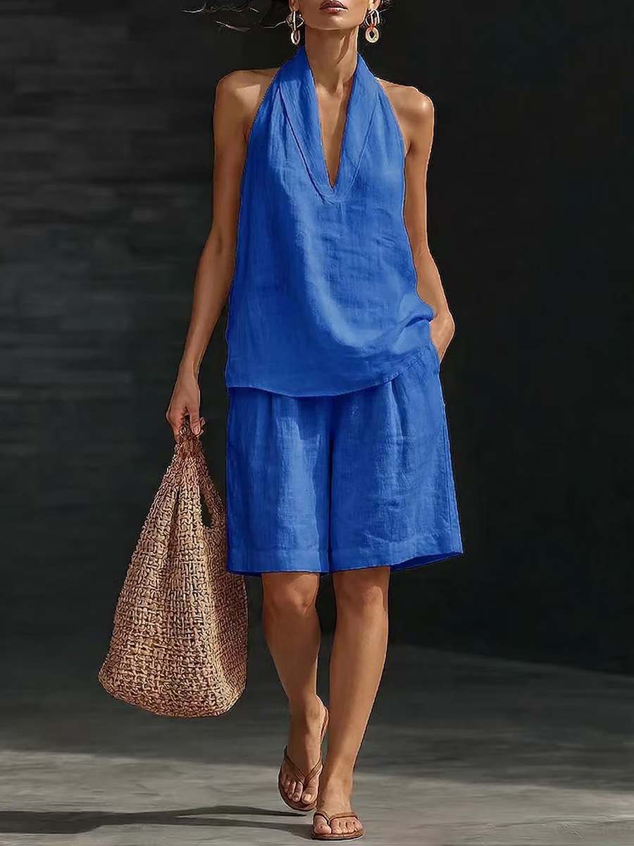 Women's Summer Halter Vest Set with Solid Color Print