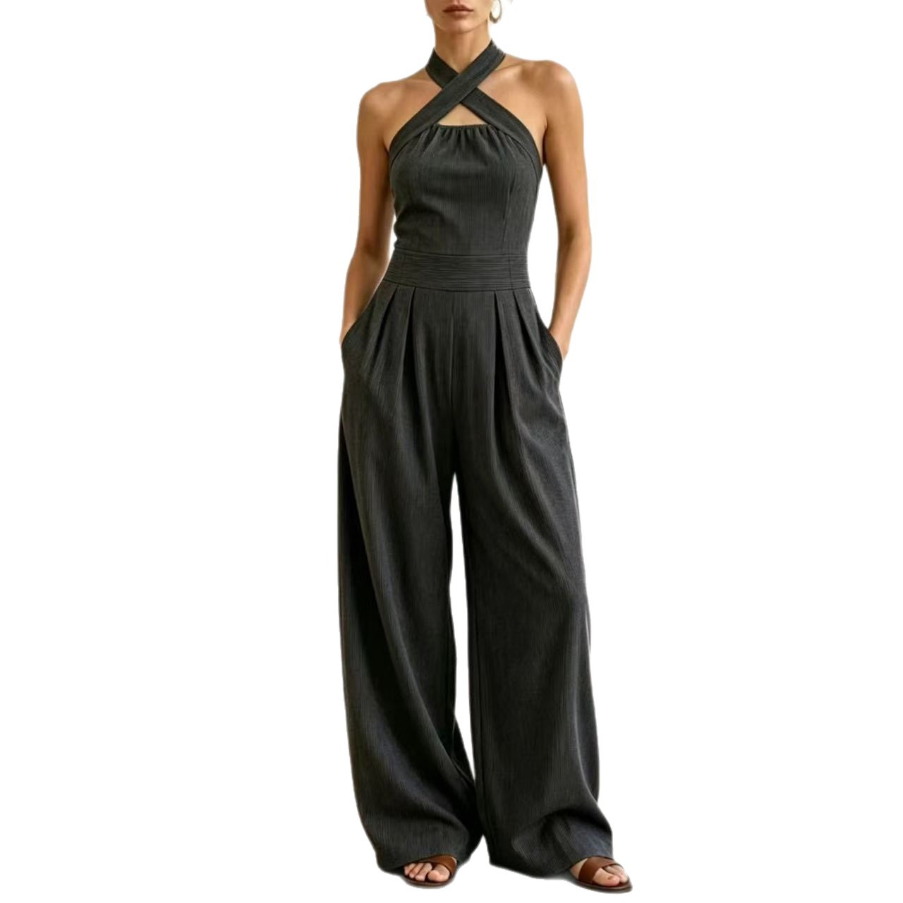 Women's Cross Halter High-Waist Cutout Knit Wide-Leg Jumpsuit