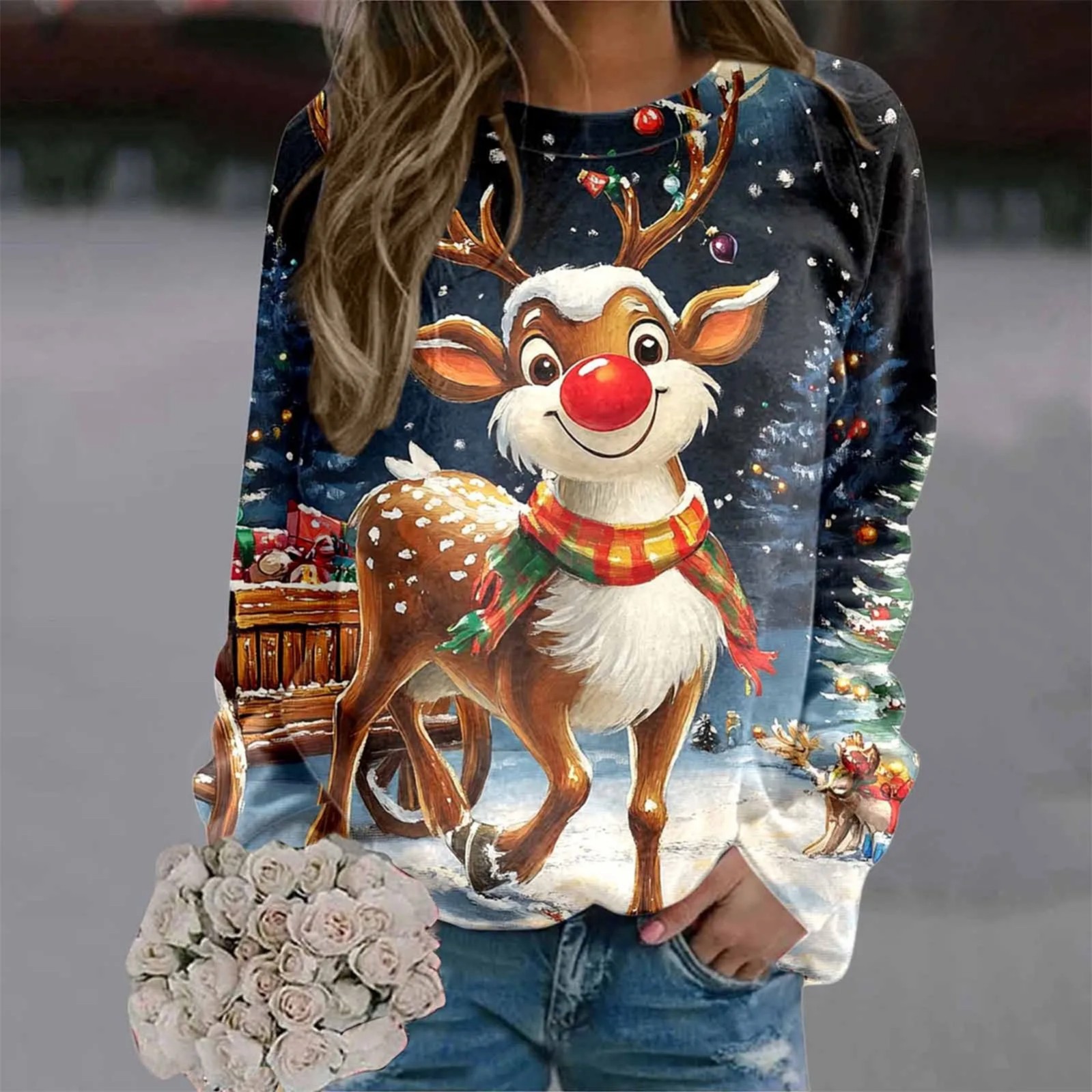 Women's Cartoon Winter Animal Print Crewneck Sweatshirt