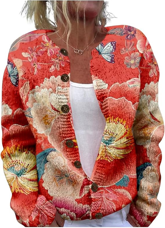 Women's Floral Leopard Snowflake Leaf Print Button Cardigan Sweater