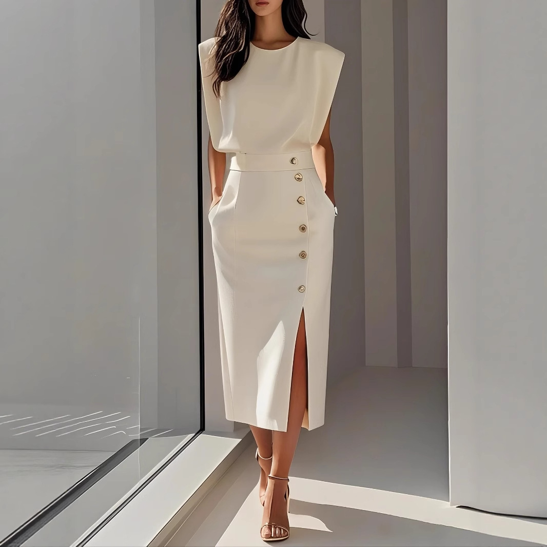 Women's Sleeveless Crew Neck Button Split Bodycon Midi Dress