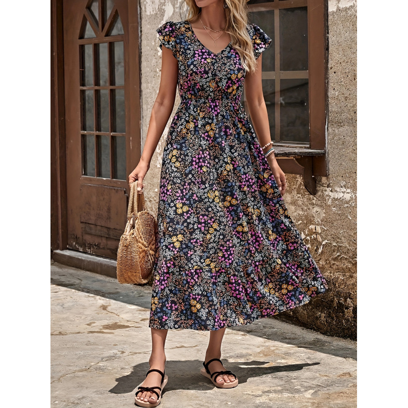 Floral V-Neck Boho Maxi Dress with Flutter Sleeves