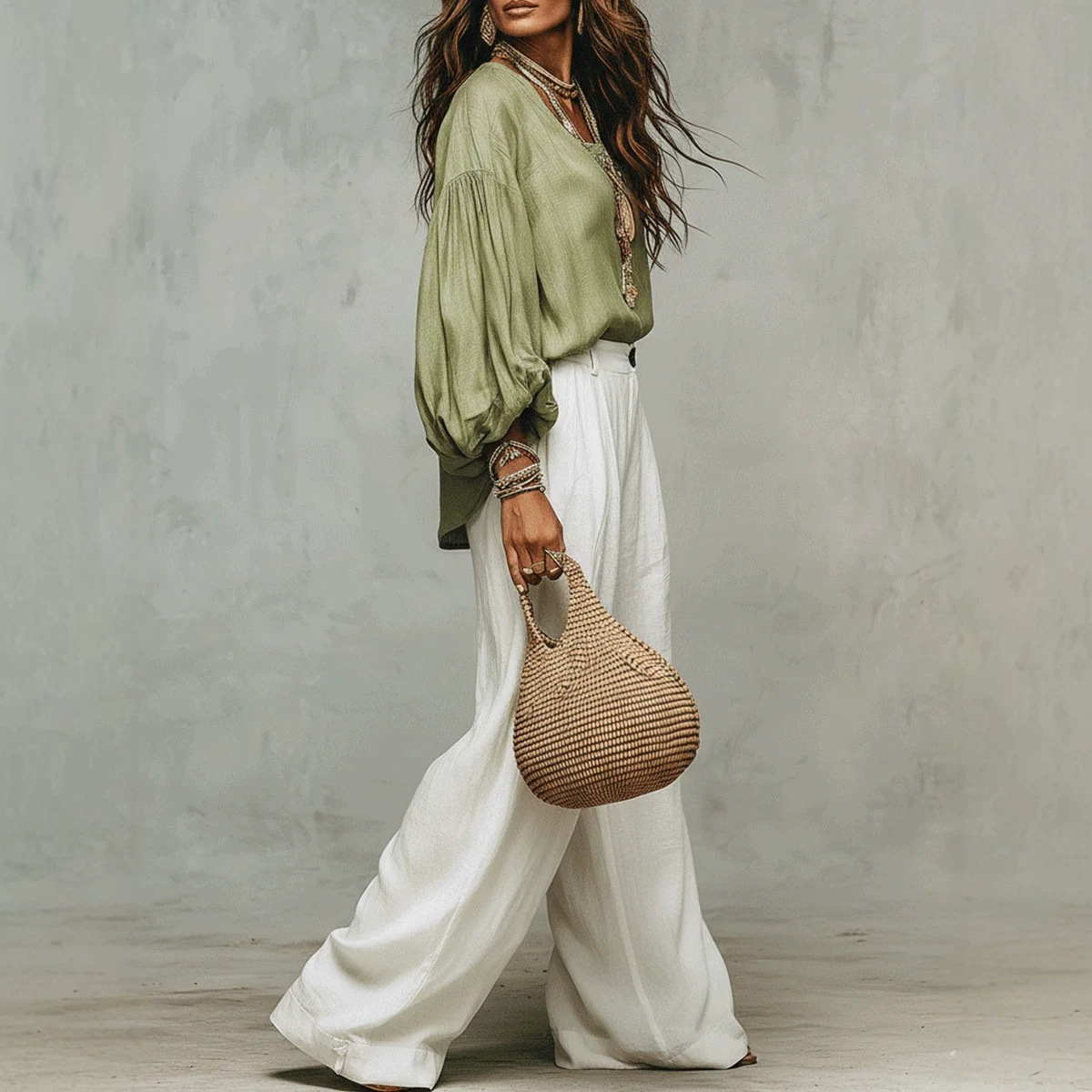 Women's Casual Wide-Leg Two-Piece Set with Long Sleeve Top and Irregular Long Skirt, Loose Fit, Green