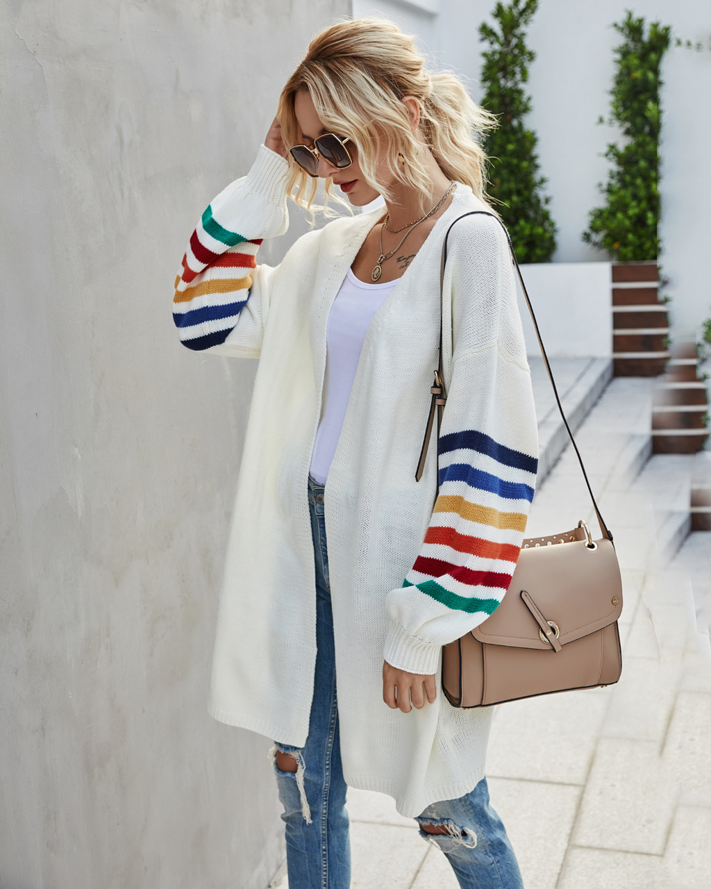 Women's Loose Knit Cardigan Sweater with Batwing Sleeves