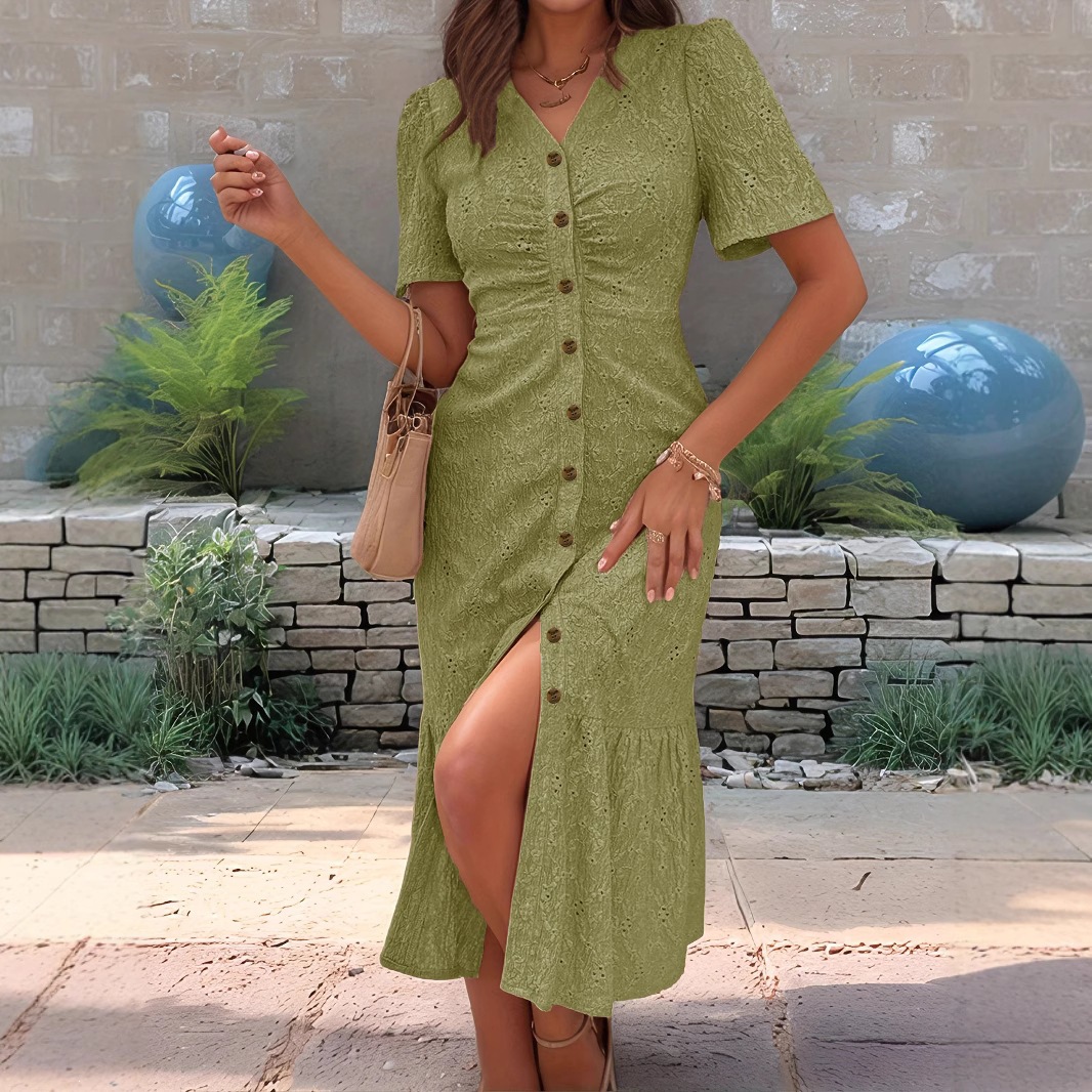 V-Neck Button-Front Mermaid Midi Dress with Pleats and Slit Short Sleeve