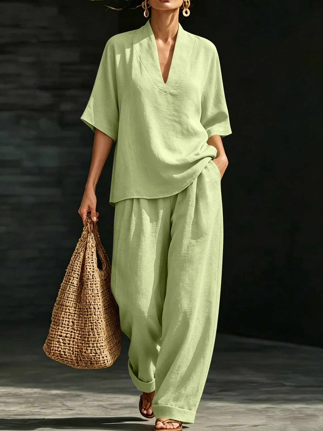 Lazy Style V-Neck Short Sleeve Top and Wide-Leg Pants Two-Piece Set