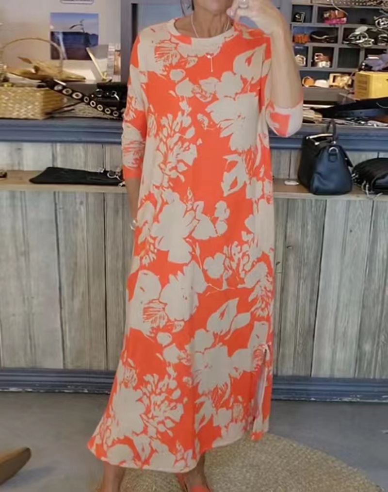 Printed Round Neck Long Sleeve Maxi Dress
