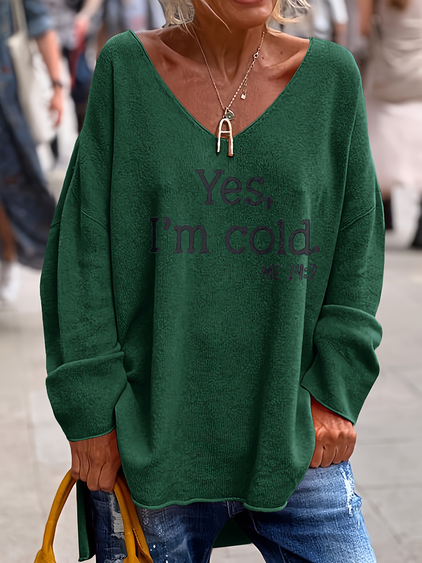 Women's Loose V-Neck Letter Print Sweater