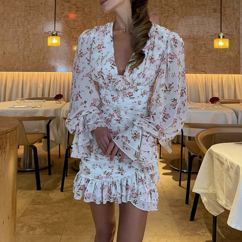 French Sweet Floral Ruffle Slim Fit Dress