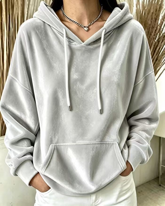 Velvet Hooded Drawstring Pocket Pullover Sweatshirt