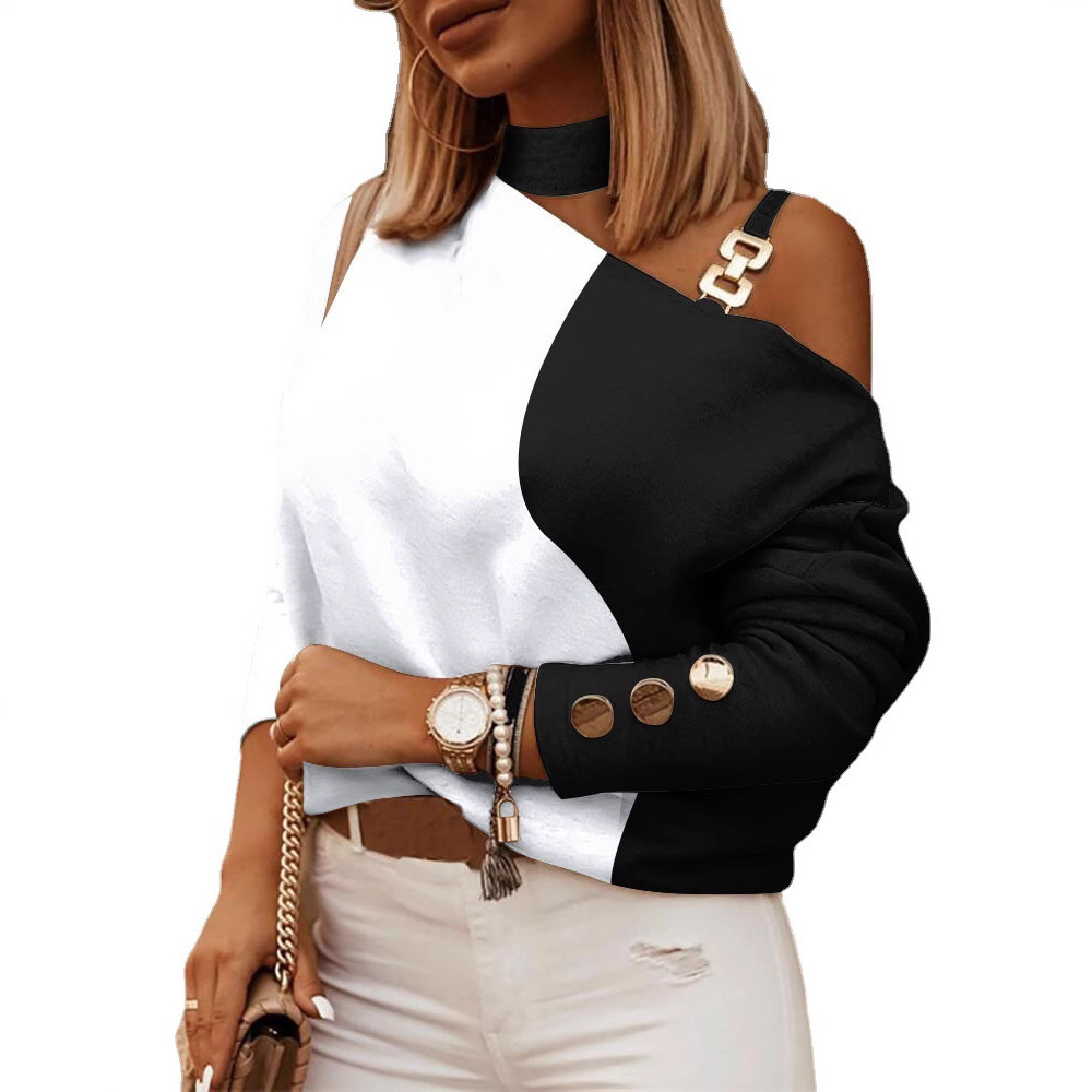 Women's Long Sleeve Chain Halter Neck Printed Button-Detail Top