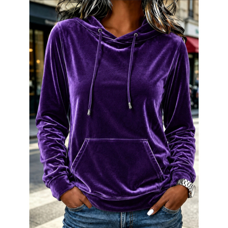 Women's Velvet Hooded Pullover Sweatshirt with Drawstring