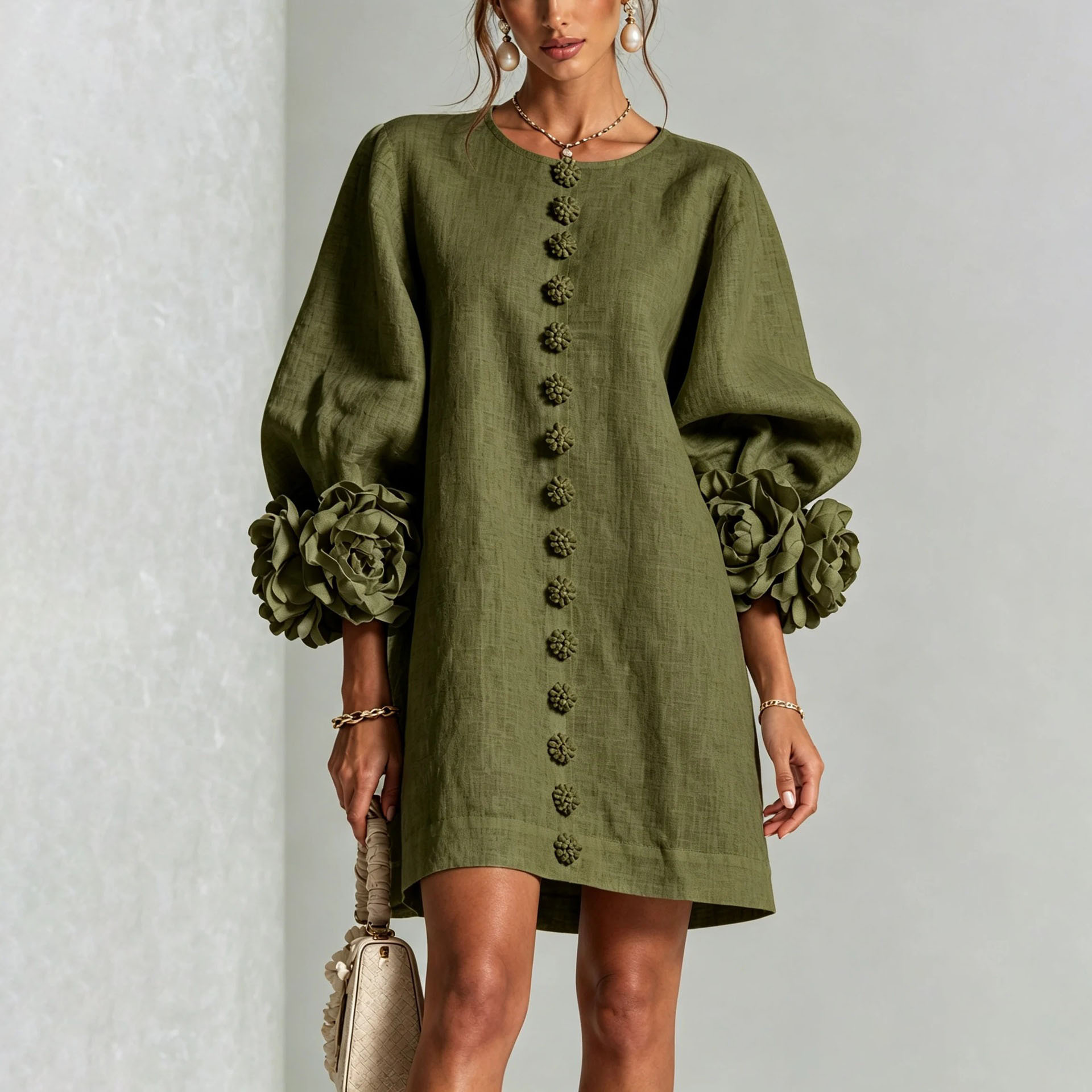 Women's French Style 3D Floral Lantern Sleeve Dress