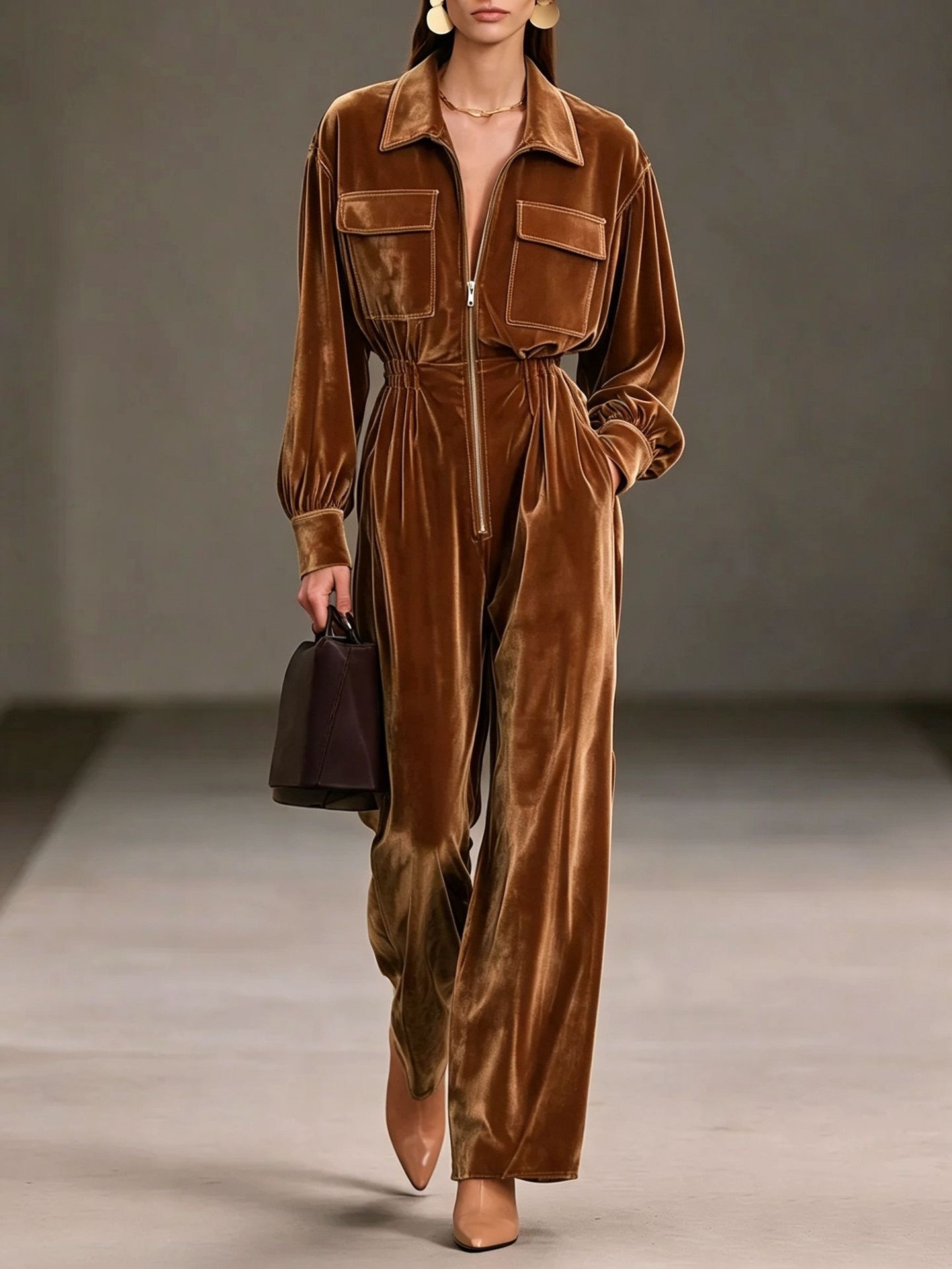 Gold Velvet Jumpsuit with Collar, Lantern Sleeves, Elastic Waist, Wide Leg