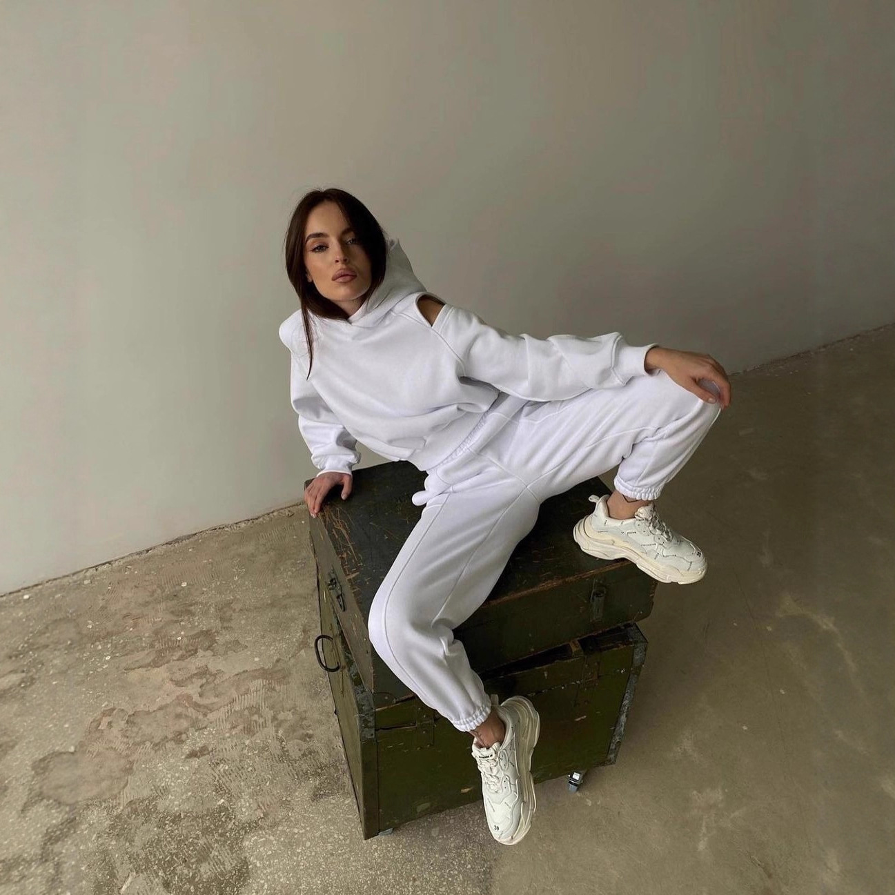 Solid Color Hooded Pullover Sweatsuit with Cold Shoulder Cutouts