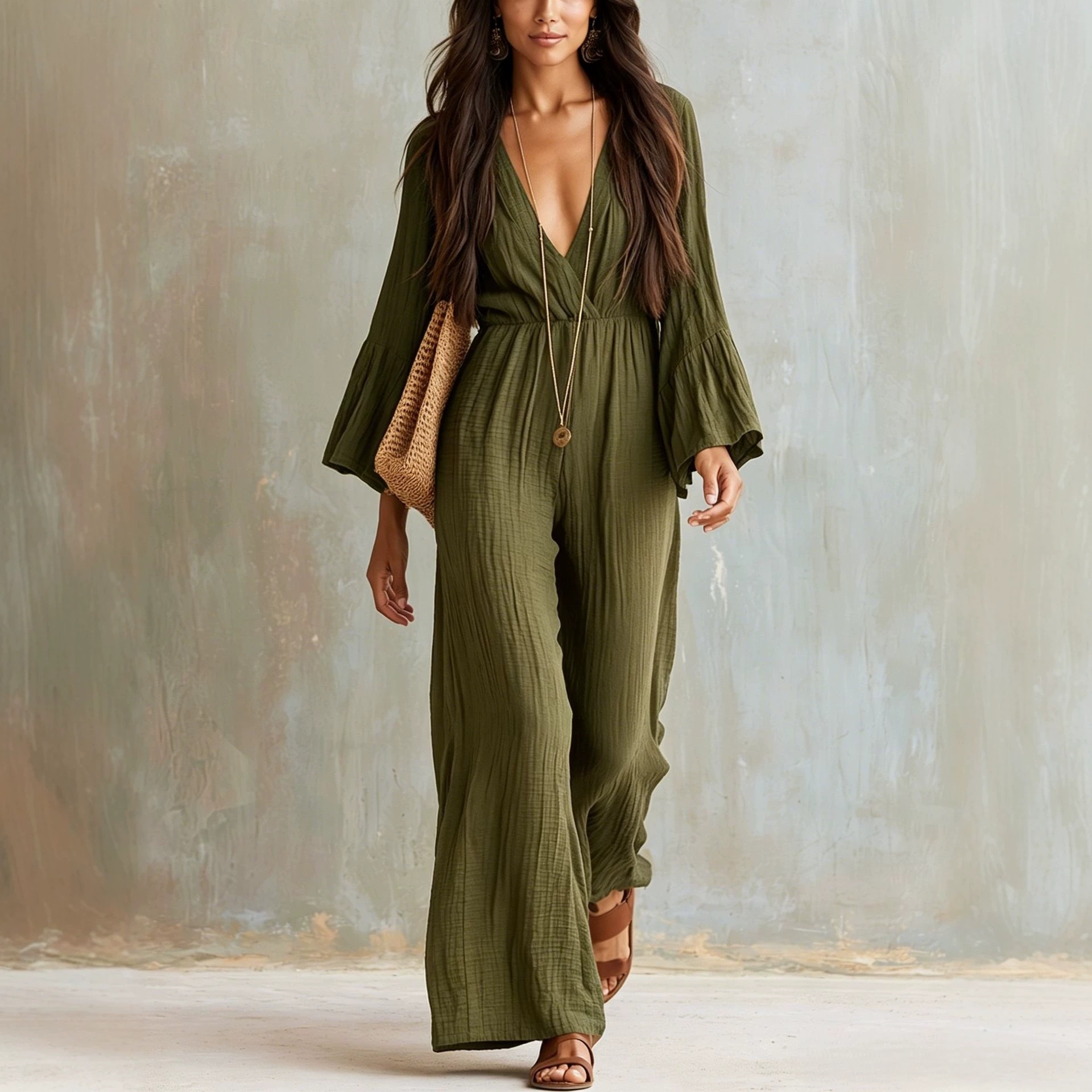 Bohemian V-Neck Wide-Leg Jumpsuit Women Long Sleeve