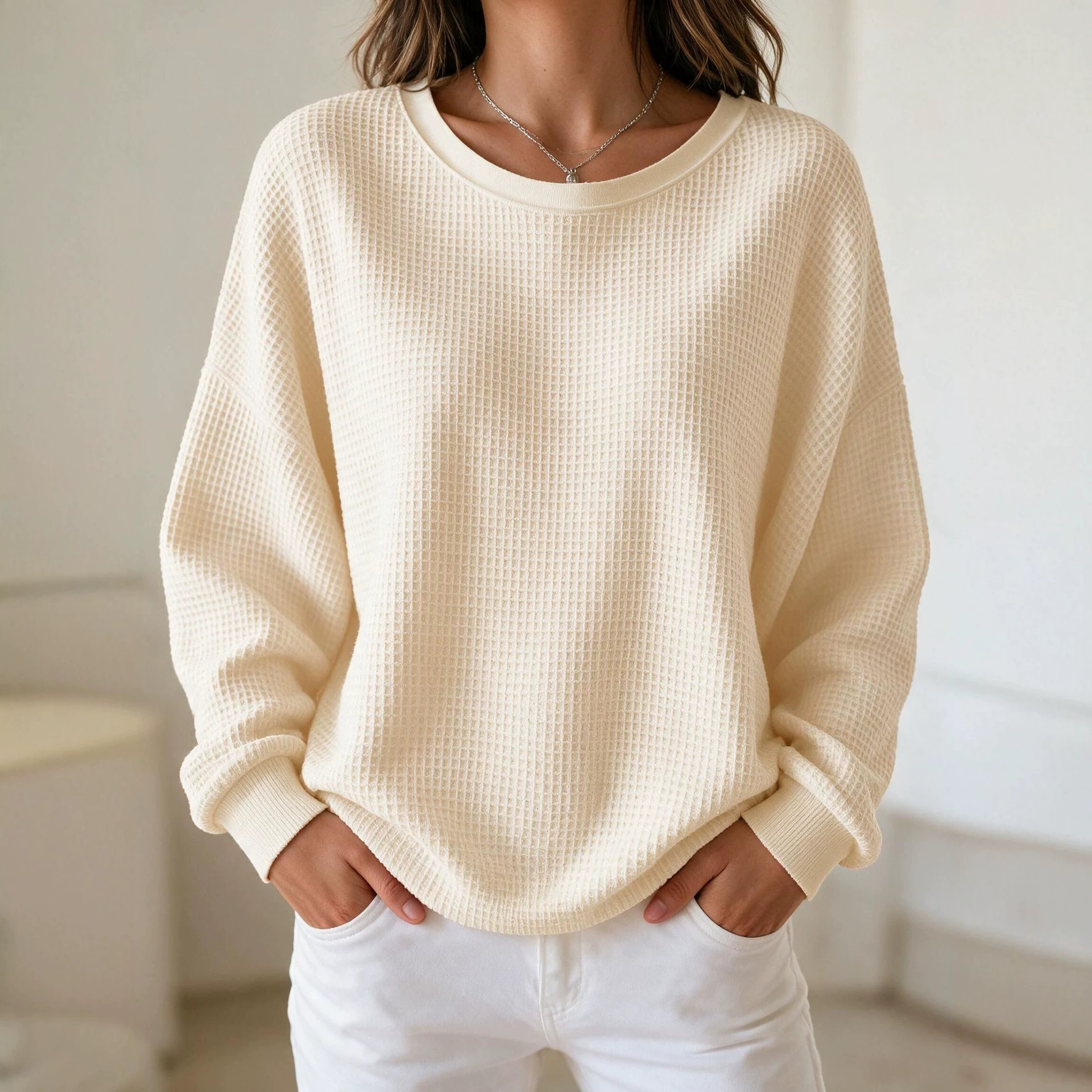 Women's Waffle Knit Crewneck Pullover Sweatshirt