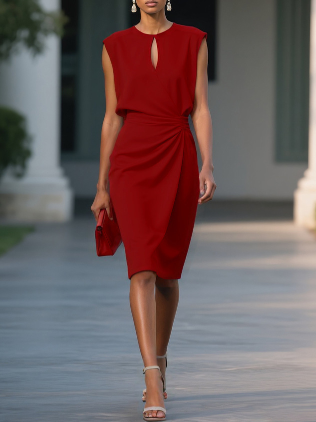 Women's Elegant Cross-Front Cutout Dress with Knotted Round Neck