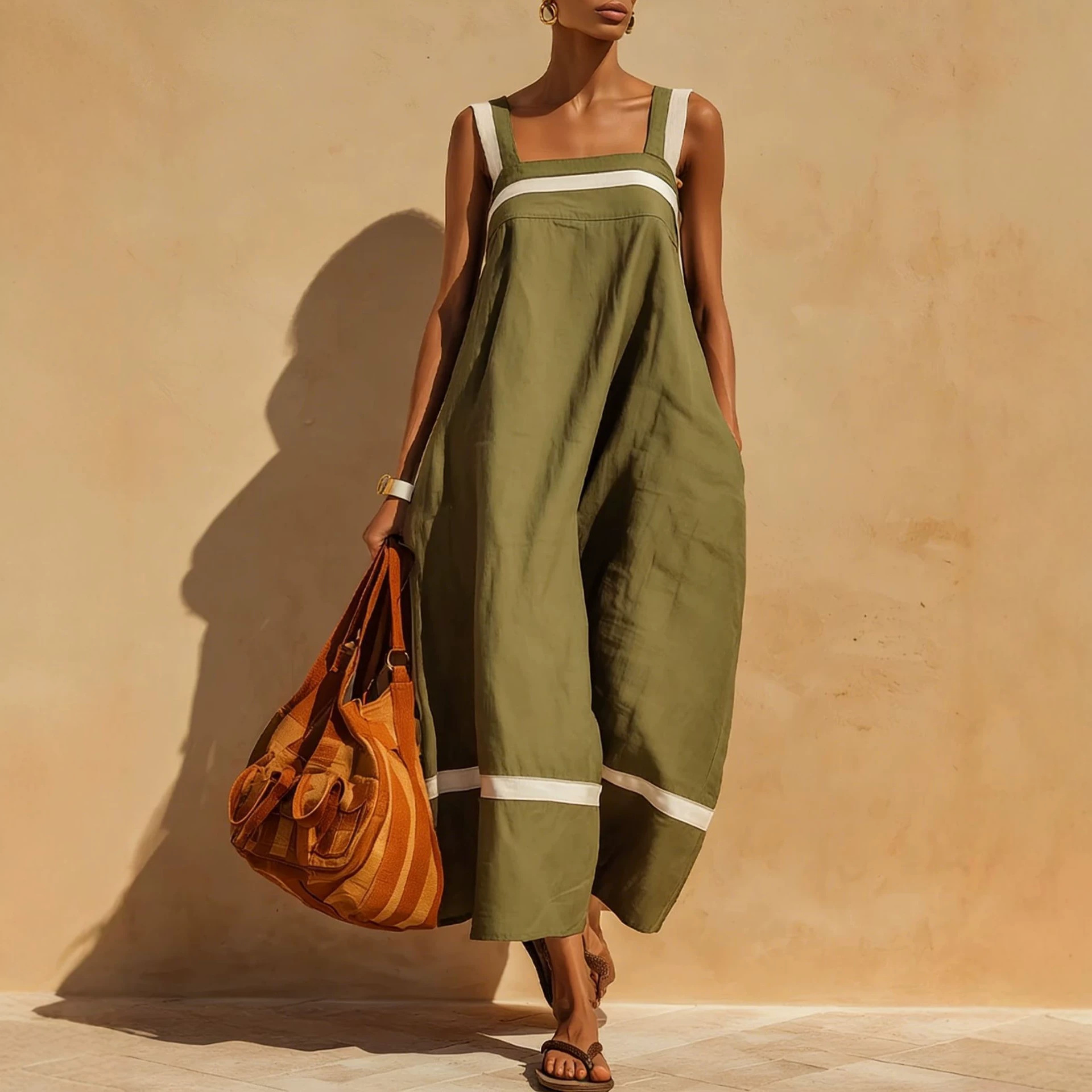 Cotton-Linen Blend Square Neck Striped Colorblock Sleeveless Casual Dress