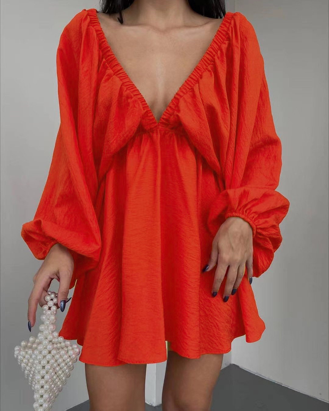 V-Neck Long Sleeve Bubble Sleeve Flared Dress