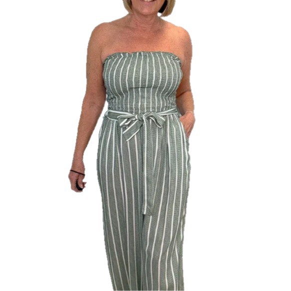 Women's Striped Tie-Waist Sleeveless Jumpsuit with Pockets