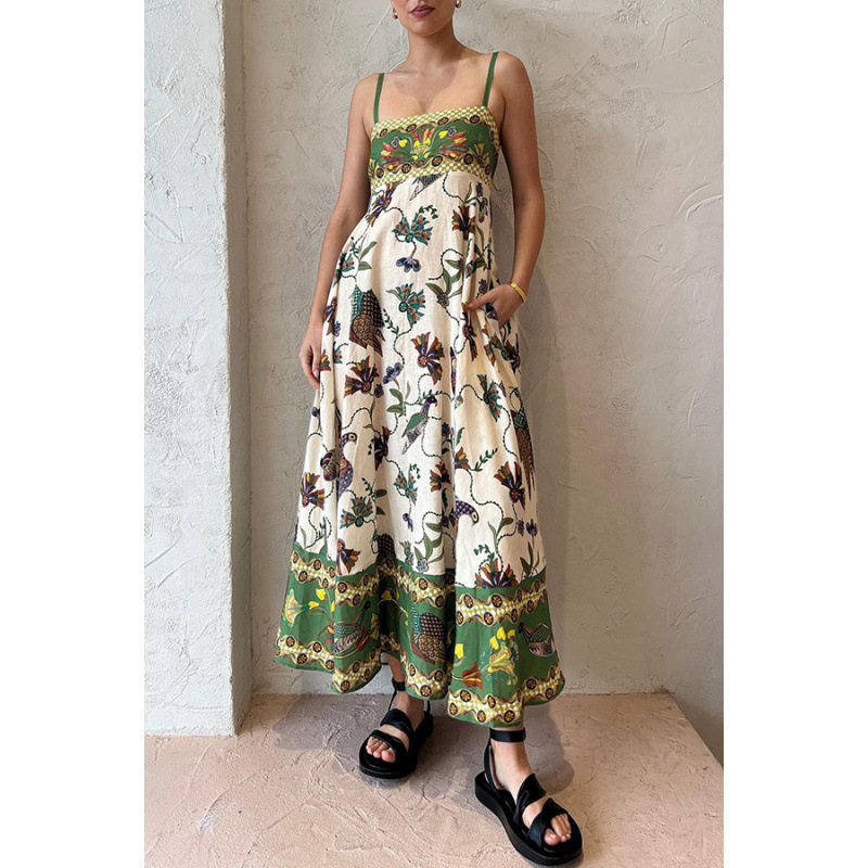 Women's Sleeveless Printed Linen Maxi Dress with Flowy Skirt