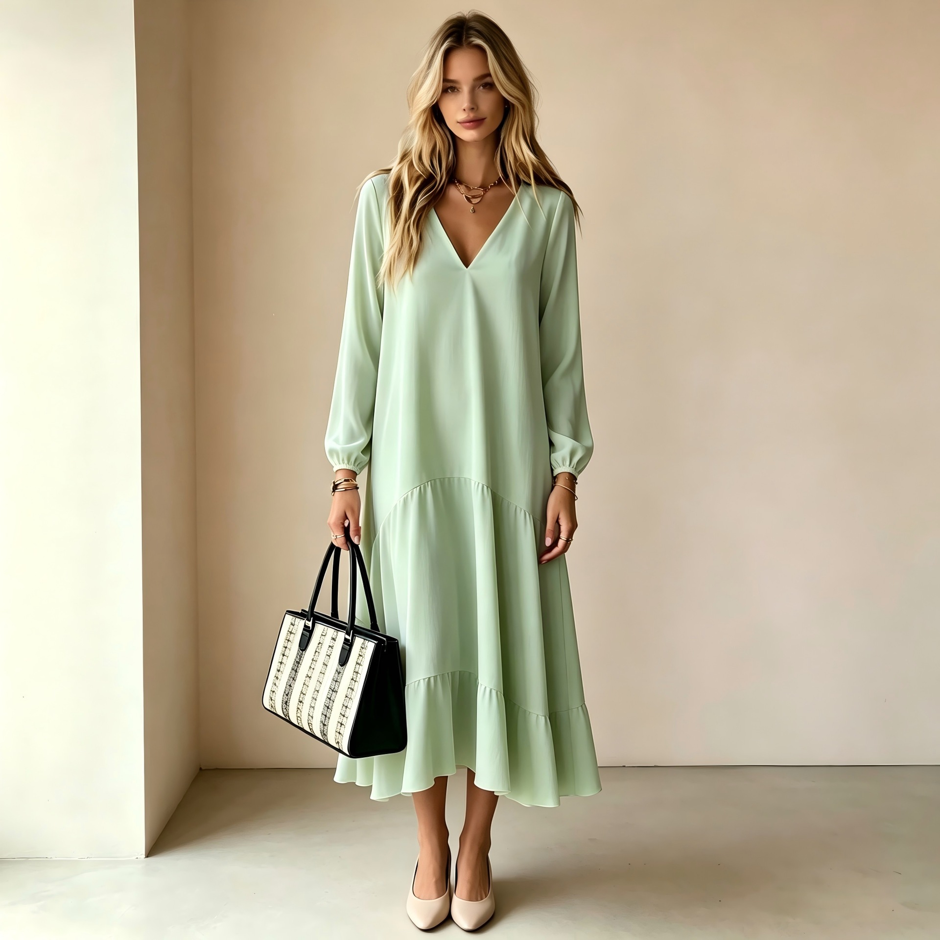 V-Neck Long Sleeve Loose Long Dress