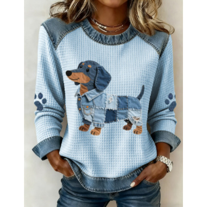 3D Print Colorblock Denim Collar Pullover Sweatshirt Women's Long Sleeve Loose Fit